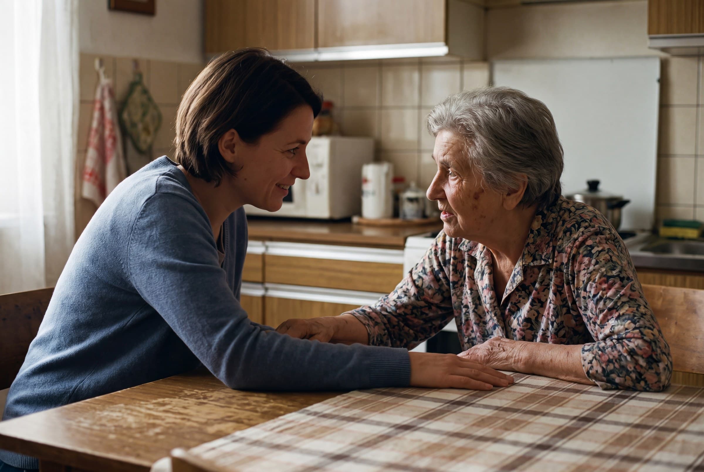 A caregiver shares a warm moment over tea with an older woman at her kitchen table.