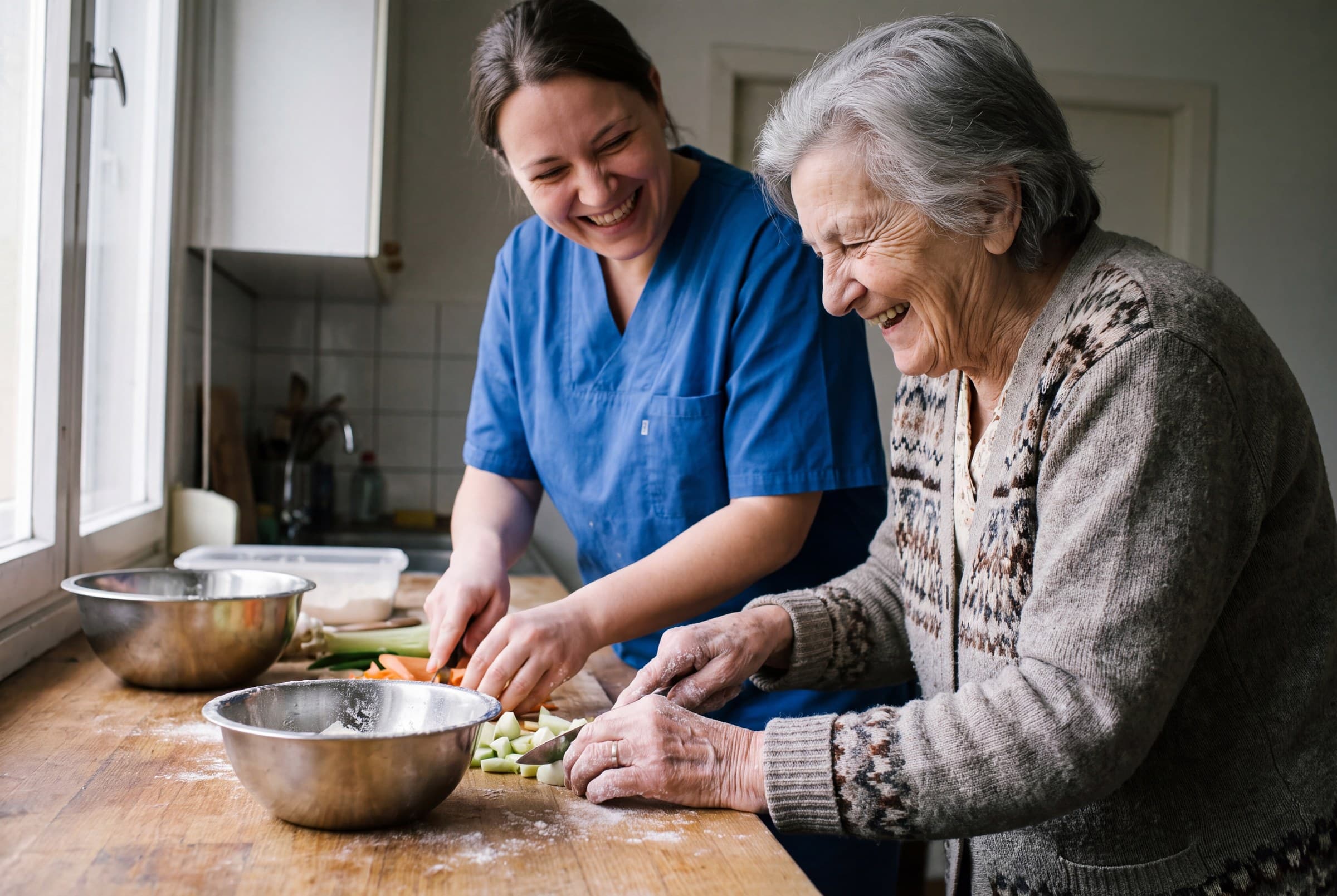 A caregiver and an older woman laughing together while preparing a meal in her kitchen.