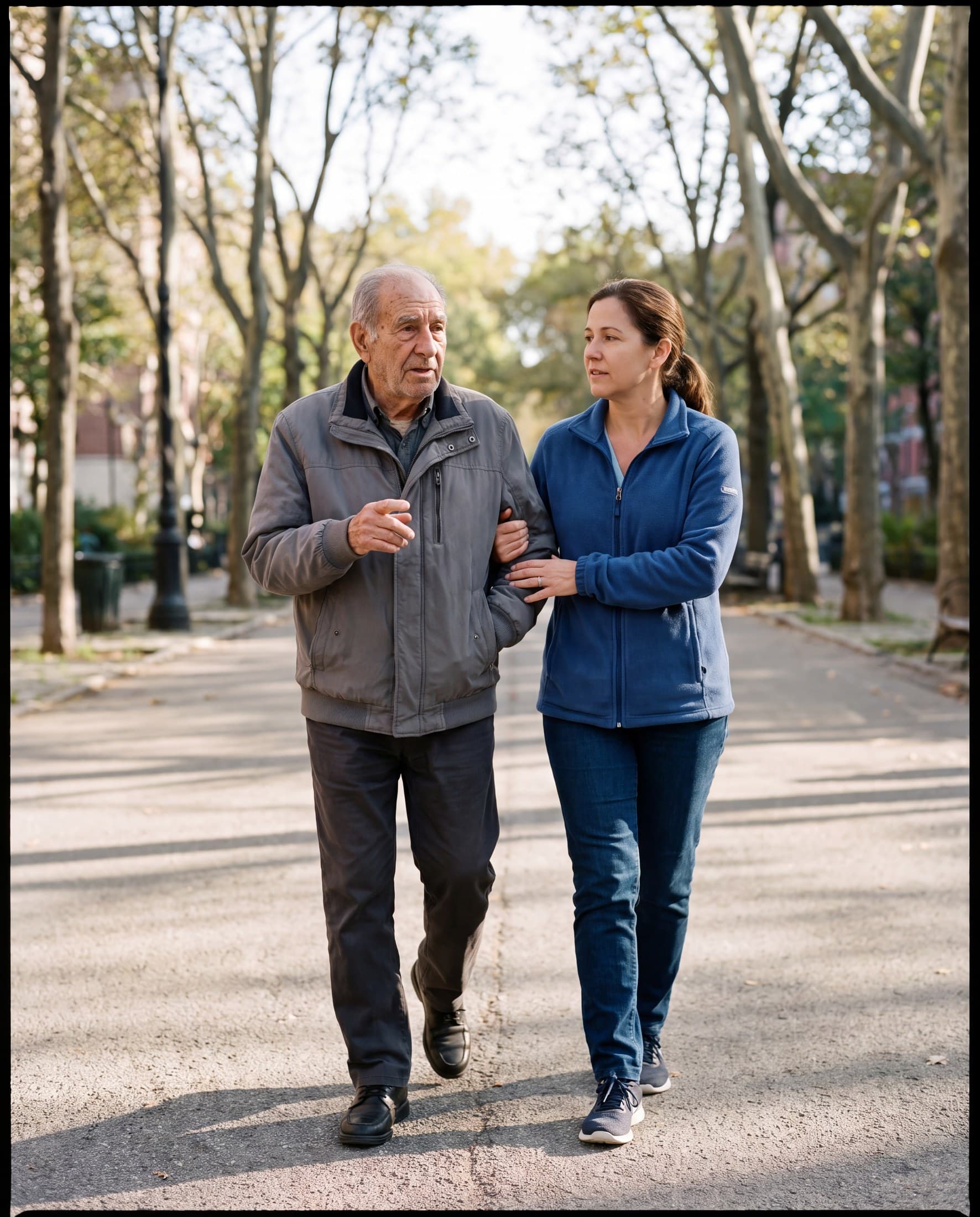 A caregiver gently supports an older man as they walk together through his home.